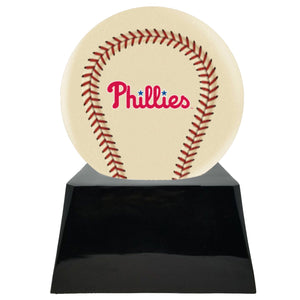 Baseball Cremation Urn with Optional Ivory Philadelphia Phillies Ball Decor and Custom Metal Plaque - ExquisiteUrns