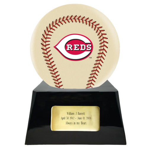 Baseball Cremation Urn with Optional Ivory Cincinnati Reds Ball Decor and Custom Metal Plaque - ExquisiteUrns