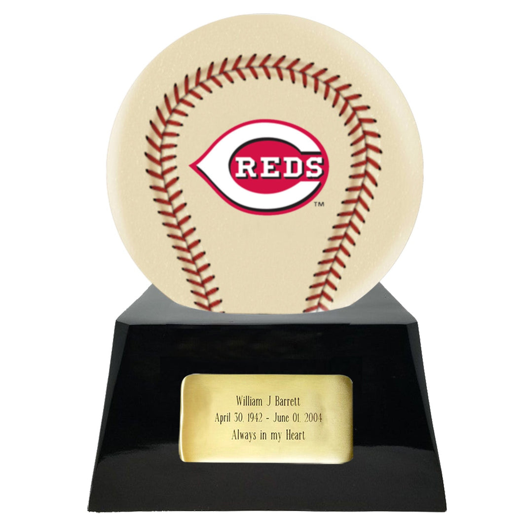 Baseball Cremation Urn with Optional Ivory Cincinnati Reds Ball Decor and Custom Metal Plaque - ExquisiteUrns