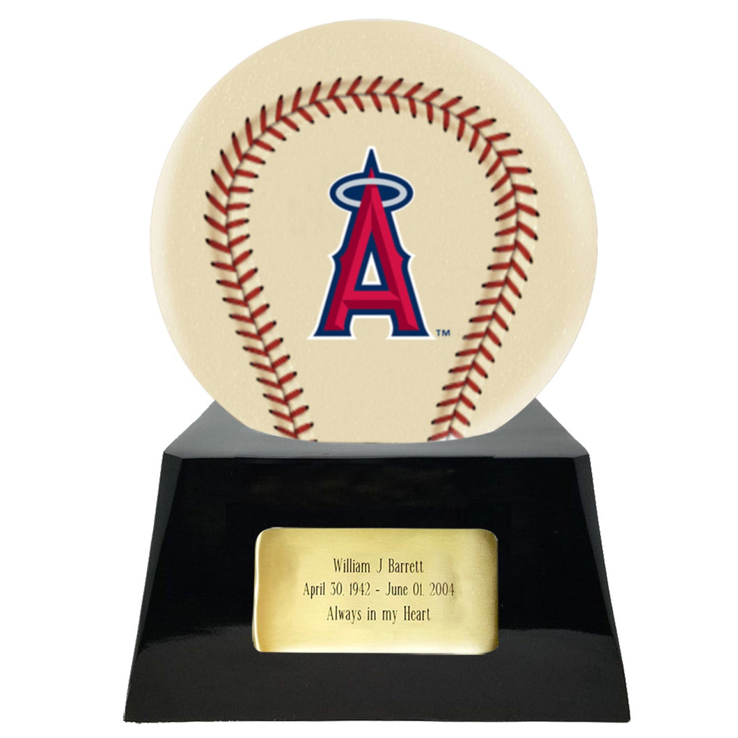 Baseball Cremation Urn with Optional Ivory Los Angeles Angels Ball Decor and Custom Metal Plaque - ExquisiteUrns