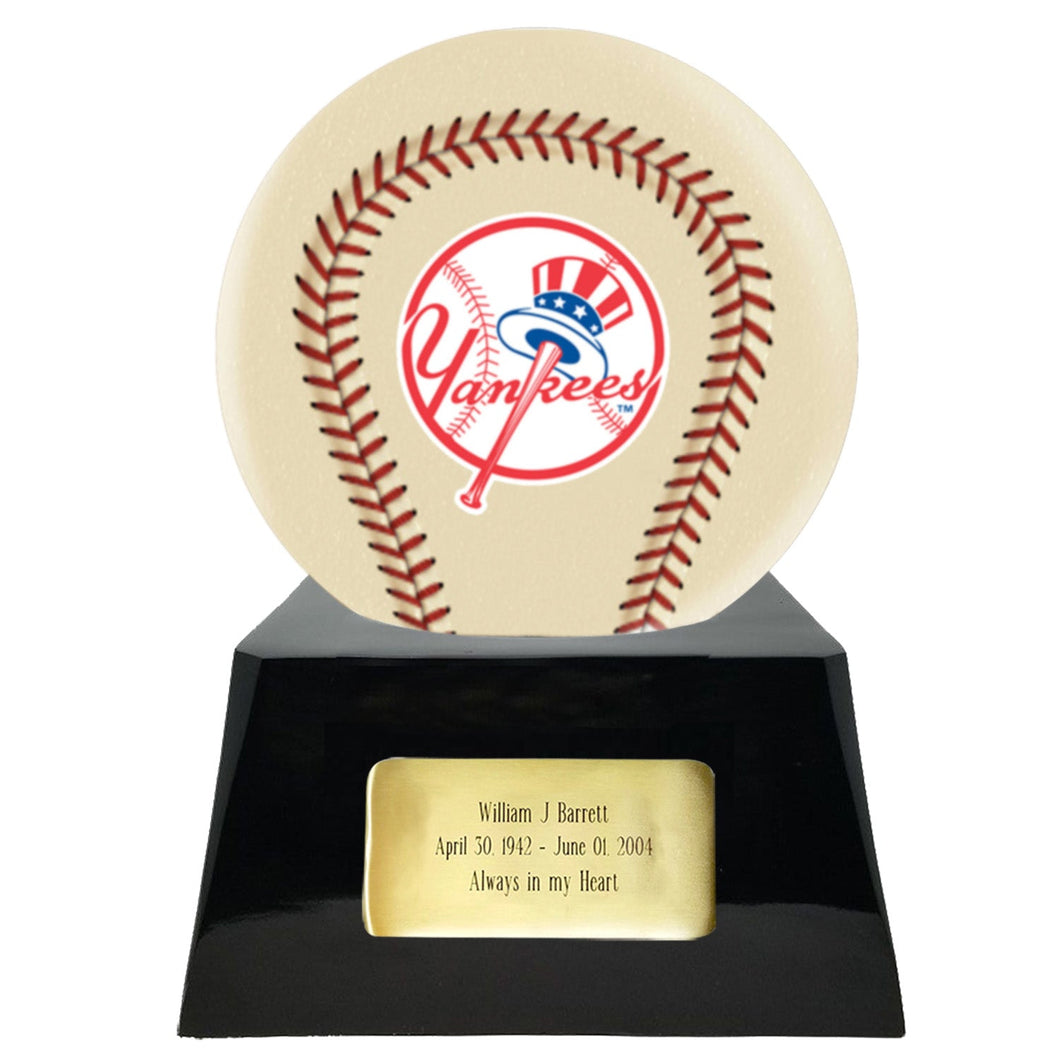 Baseball Cremation Urn with Optional Ivory New York Yankees Ball Decor and Custom Metal Plaque - ExquisiteUrns