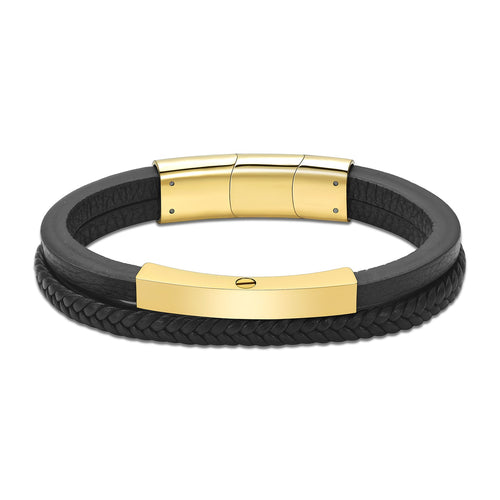 Triple Band Black Leather & Gold Metal Cremation Bracelet - ExquisiteUrns