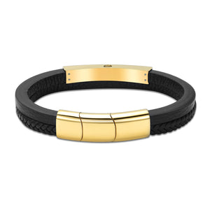 Triple Band Black Leather & Gold Metal Cremation Bracelet - ExquisiteUrns