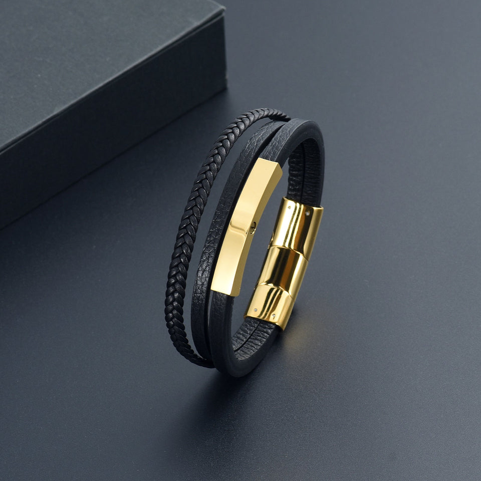 Triple Band Black Leather & Gold Metal Cremation Bracelet - ExquisiteUrns