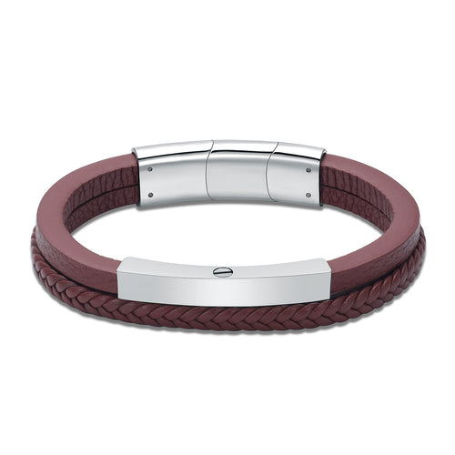 Triple Band Brown Leather & Silver Metal Cremation Bracelet - ExquisiteUrns