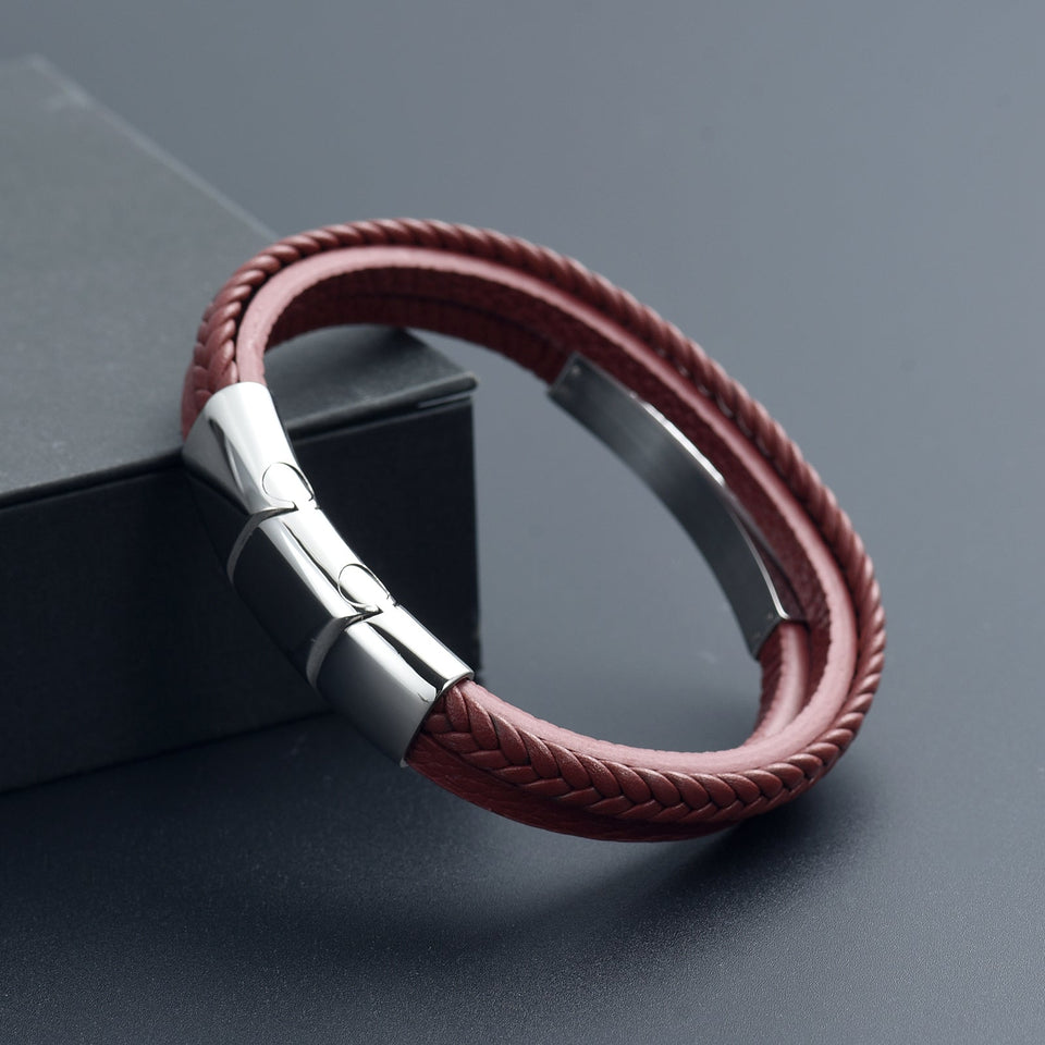 Triple Band Brown Leather & Silver Metal Cremation Bracelet - ExquisiteUrns