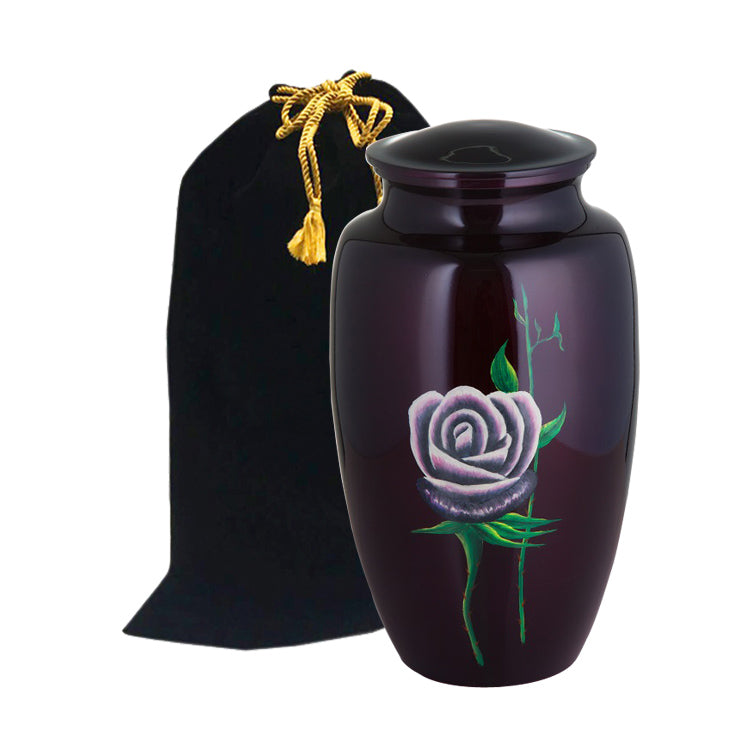 Single Rose on Burgundy Hand Painted Adult Cremation Urn - ExquisiteUrns