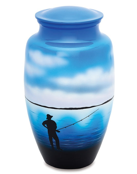 Fisherman at the Lake Hand Painted Adult Cremation Urn - ExquisiteUrns