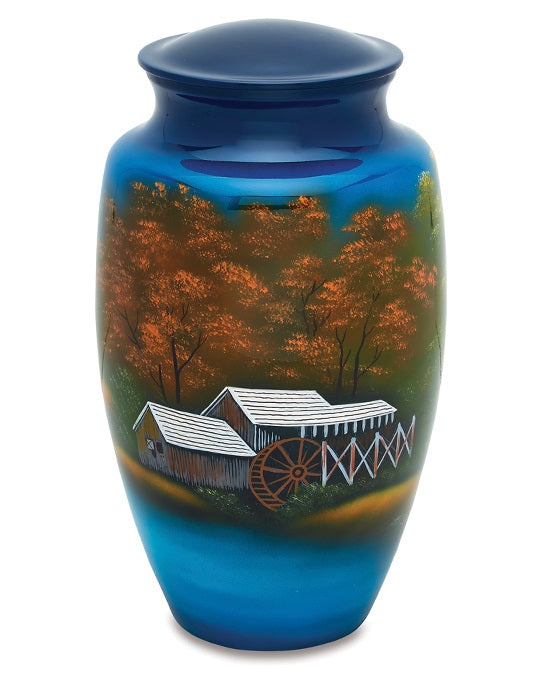 Autumn Water Mill Hand Painted Adult Cremation Urn - ExquisiteUrns