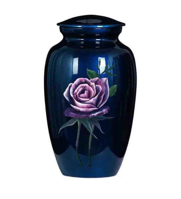 Single Rose on Navy Hand Painted Adult Cremation Urn - ExquisiteUrns
