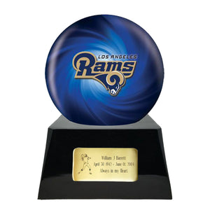 Football Cremation Urn and Los Angeles Rams Ball Decor with Custom Metal Plaque