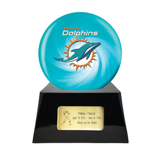 Football Cremation Urn and Miami Dolphins Ball Decor with Custom Metal Plaque