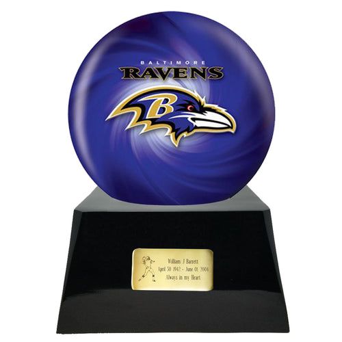 Football Cremation Urn and Baltimore Ravens Ball Decor with Custom Metal Plaque