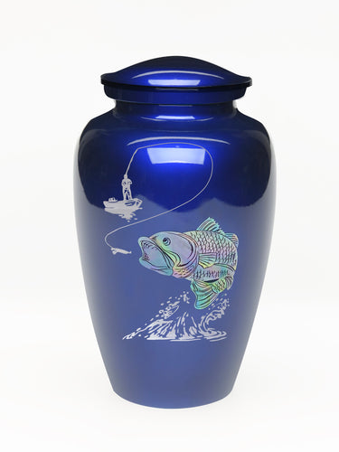 Elegance Series Blue Mother Of Pearl Fishing Adult Cremation Urn - ExquisiteUrns