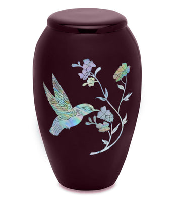 Burgundy Hummingbird Mother Of Pearl Cremation Urn - ExquisiteUrns