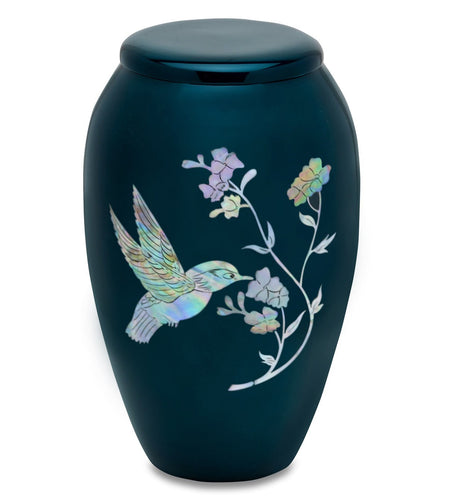 Teal Hummingbird Mother Of Pearl Cremation Urn - ExquisiteUrns