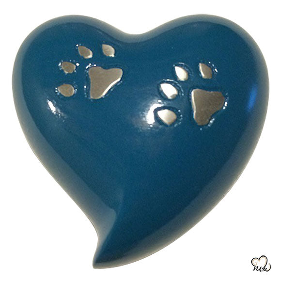 Pet Urn - 2 Paw Print Pet Keepsake Heart-Shaped Urn in Blue - ExquisiteUrns