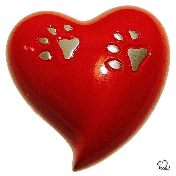 Pet Urn - 2 Paw Print Pet Keepsake Heart-Shaped Urn in Red - ExquisiteUrns