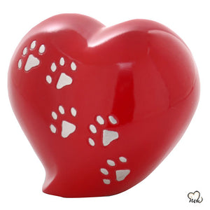 Pet Urn - 5 Paw Print Pet Keepsake Heart-Shaped Urn in Red - ExquisiteUrns
