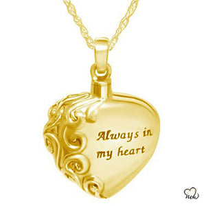 "Always in My Heart" Cremation Pendant Gold - Cremation Necklace - Urn Necklace For Ashes - ExquisiteUrns