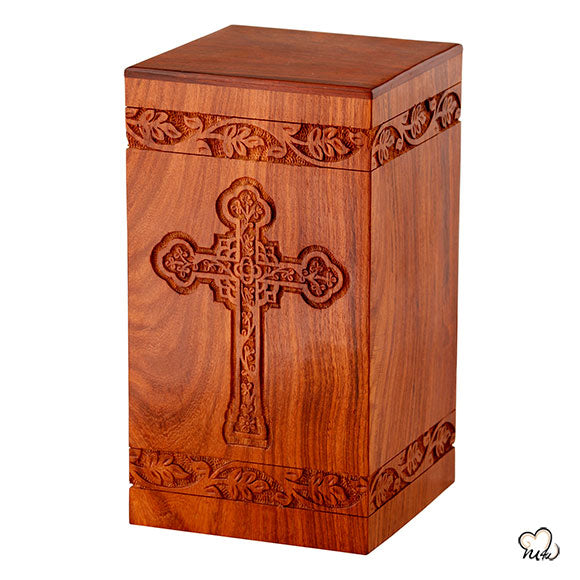 Solid Rosewood Cremation Urn with Engraved Cross - ExquisiteUrns