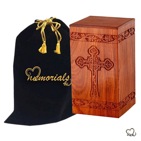 Solid Rosewood Cremation Urn with Engraved Cross - ExquisiteUrns