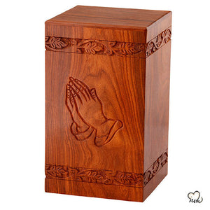 Solid Rosewood Cremation Urn with Hand Carved Praying Hand - ExquisiteUrns