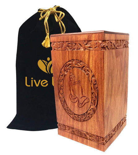 Scratch & Dent Rosewood Praying Hands w/ Border Wooden Urn - ExquisiteUrns