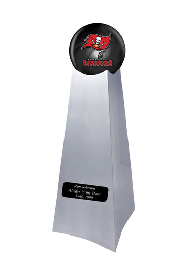 Championship Trophy Cremation Urn with Optional Football and Tampa Bay Buccaneers Ball Decor and Custom Metal Plaque