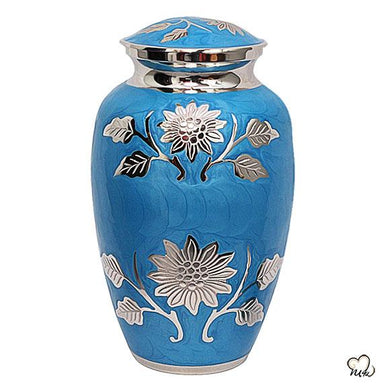 Sunflower Engraved Urn for Ashes - Sunflower Engraved in Blue Unique Brass Cremation Urn for Human Ashes - Exquisite Urns
