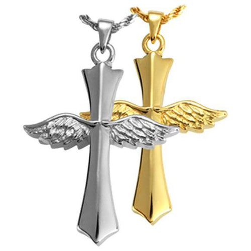 Angel Wings Cross Cremation Pendant In 14k Gold - Exquisite Urns