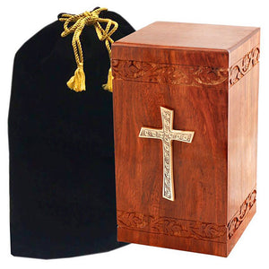 Wood urns for human ashes - Cross wooden urns - Wood urns for adult ashes Cross Inlaid Design - Wooden cremation boxes for ashes - ExquisiteUrns